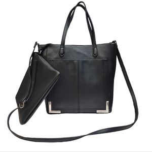 Steve Madden 2 Pc a Black Vegan Leather Crossbody Tote Wallet Pouch Set